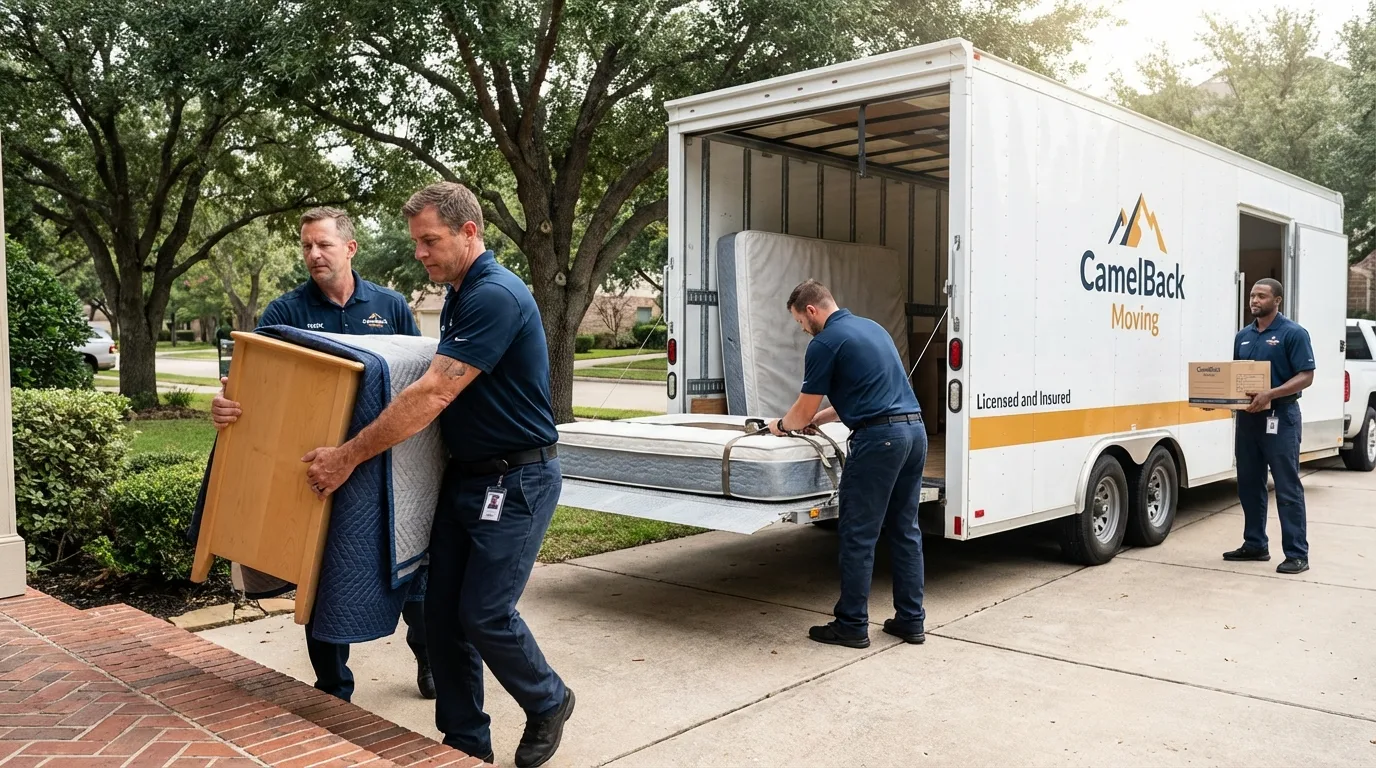 Crew loading residential truck for cross-state move from Bedford, TX