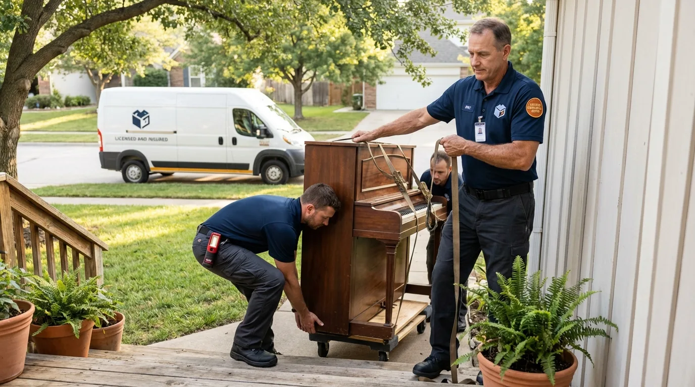 Licensed piano movers securing grand piano in Bedford, TX