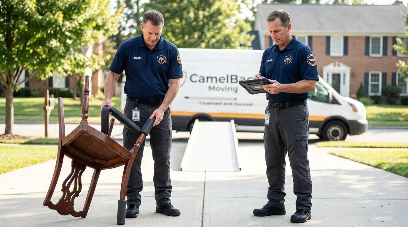 Movers inspecting furniture for damage prevention before loading in Bedford, TX