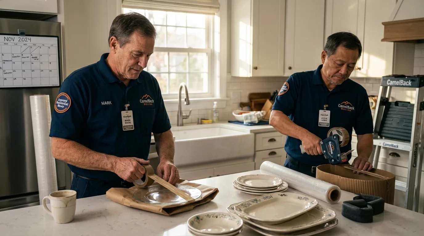 Professional crew packing kitchen dishware in Bedford, TX